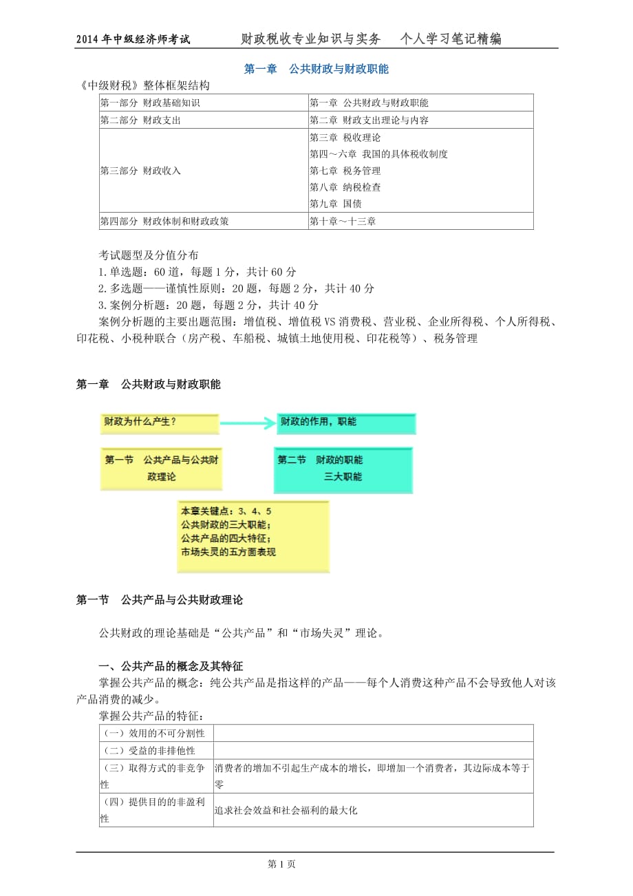 中级经济师考试 财政税收专业知识与实务个人学习笔记精编 掌握必过_第1页