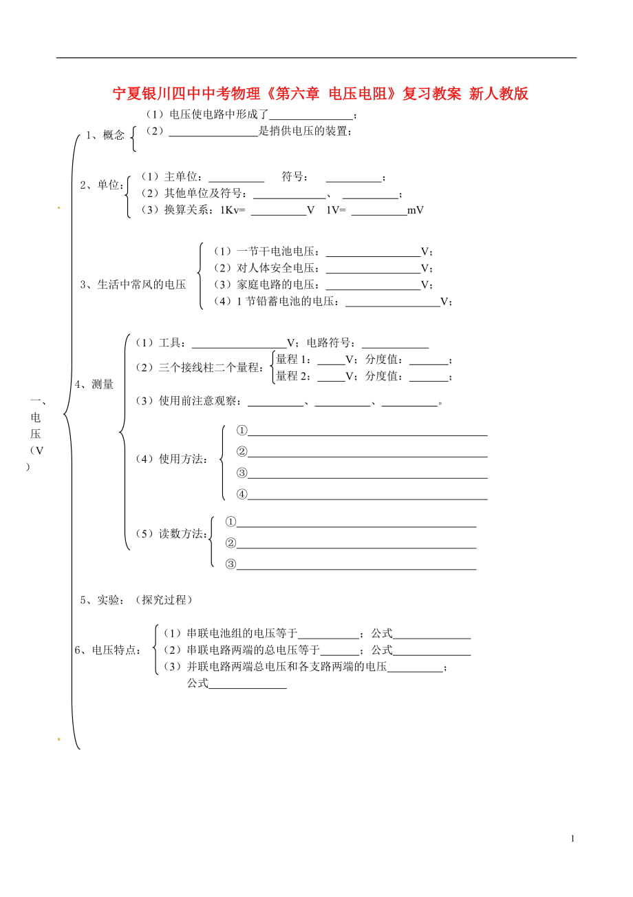 中考物理《第六章 電壓電阻》復(fù)習(xí)教案 新人教版_第1頁(yè)