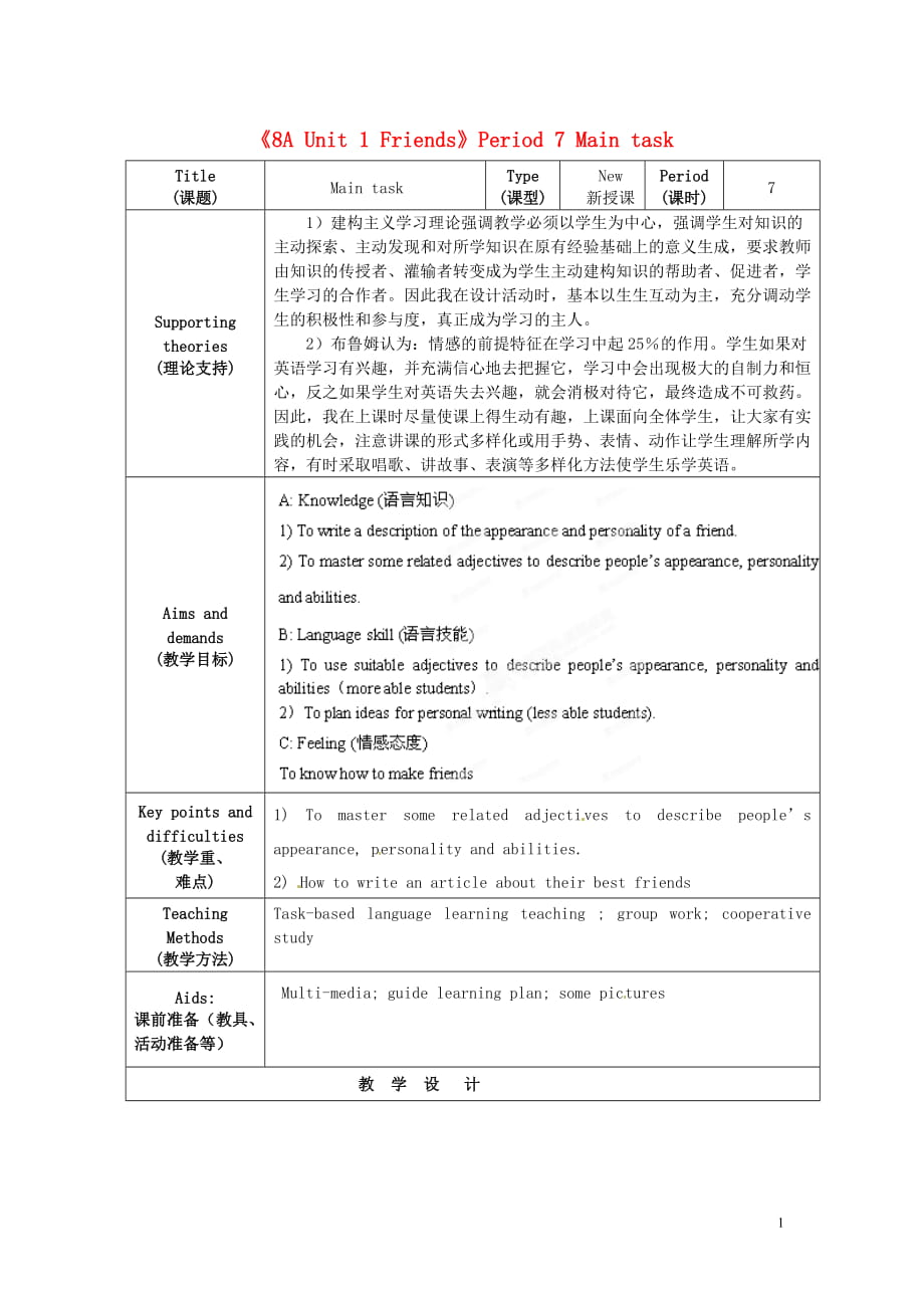 江蘇省海安縣大公初級中學(xué)八年級英語上冊《8A Unit 1 Friends》Period 7 Main task教案 牛津版_第1頁