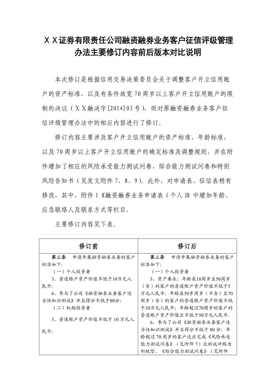 证券公司融资融券业务客户征信评级管理办法主要修订内容前后版本对比说明_第1页