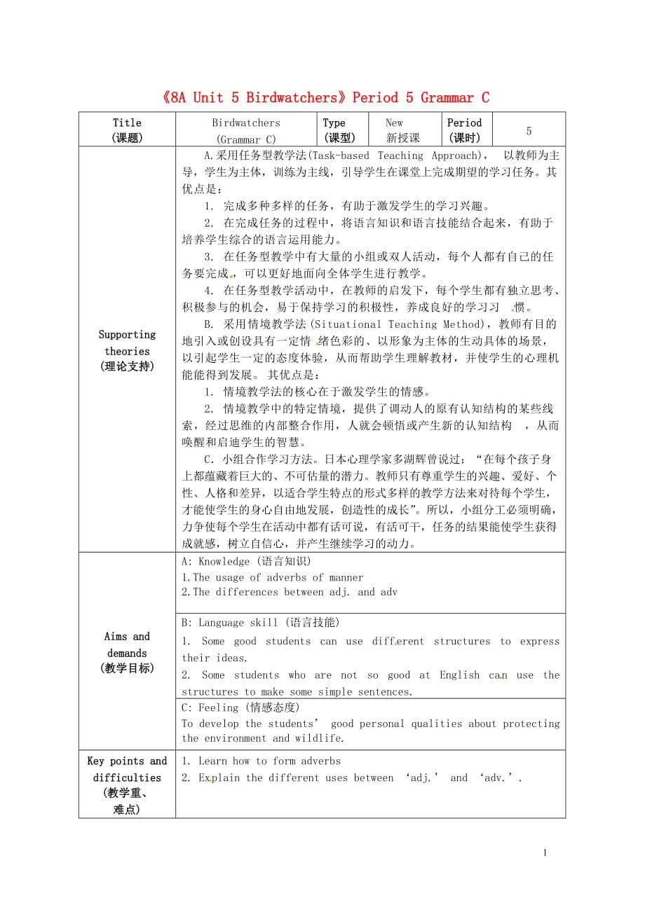 江蘇省海安縣大公初級(jí)中學(xué)八年級(jí)英語(yǔ)上冊(cè)《8A Unit 5 Birdwatchers》Period 5 Grammar C教案 牛津版_第1頁(yè)