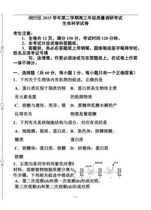 海市閔行區(qū)高三第二學(xué)期質(zhì)量調(diào)研考試 生物試題及答案