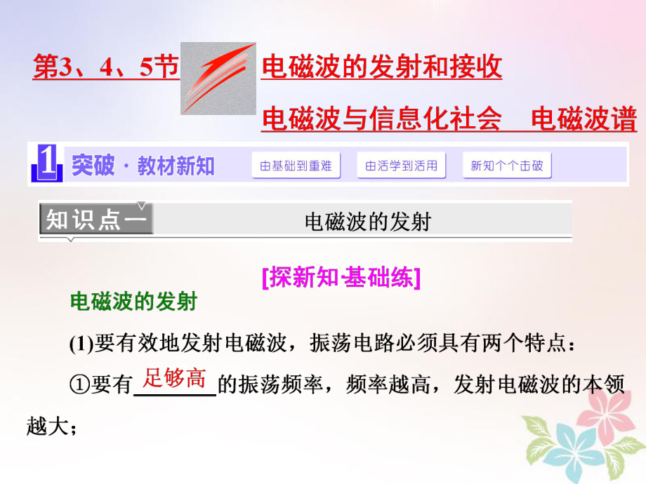 物理 第十四章 電磁波 第3、4、5節(jié) 電磁波的發(fā)射和接收 電磁波與信息化社會 電磁波譜 新人教版選修3-4_第1頁