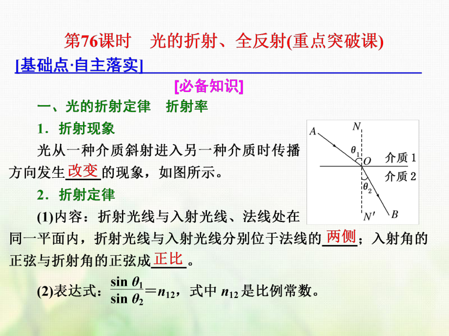 物理总第十四章 波与相对论 第76课时 光的折射、全反射（重点突破课） 选修3-4_第1页