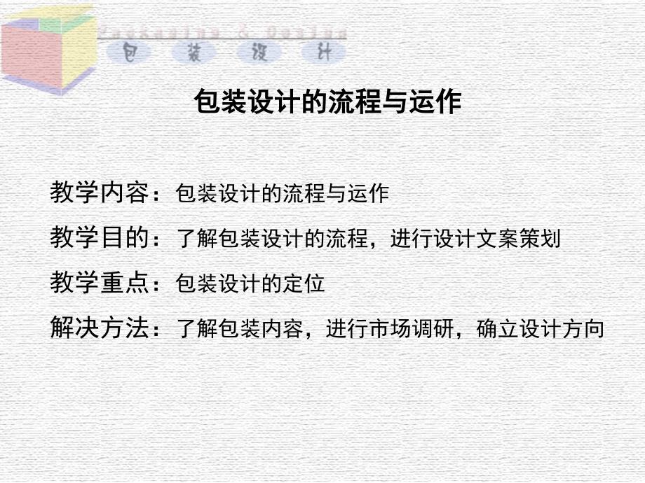 了解包装设计的流程,进行设计文案策划教学重点：包装设计的定_第1页