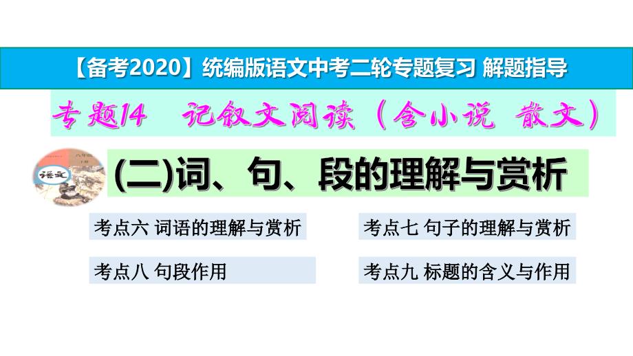 统编版中考语文二轮复习专题14记叙文阅读考点指导(二)词、句、段的理解与赏析课件_第1页