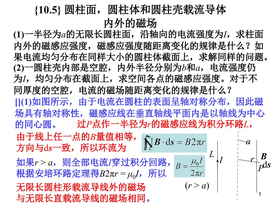 恒磁场之圆柱面圆柱体和圆柱壳载流导体内外的磁感应强度_第1页