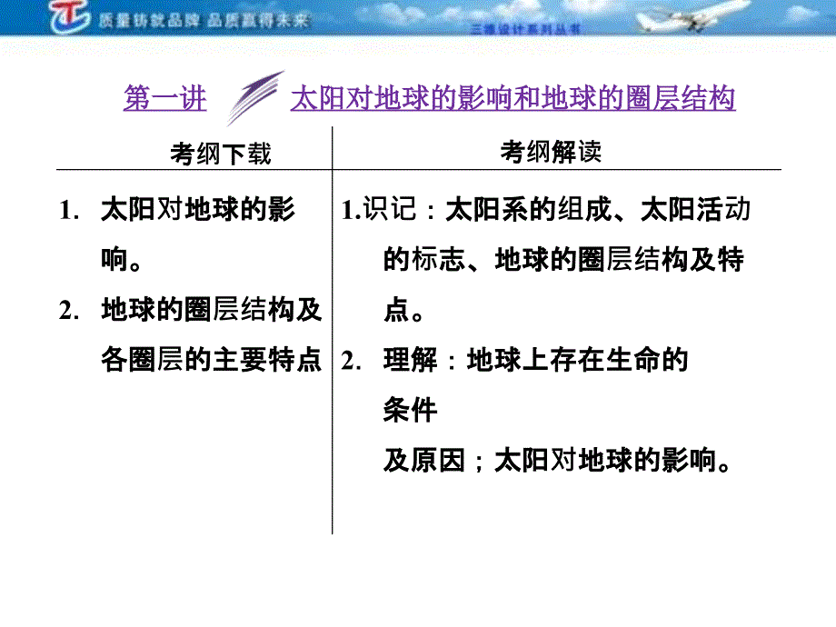 维设计2014届高考地理人教版一轮复习课件：第一章第一讲太阳对地球的影响和地球的圈层结构课件_第1页