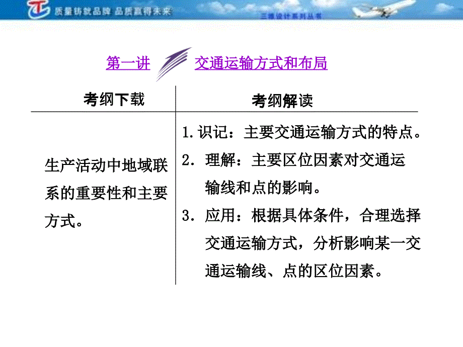 维设计】2014届高考地理人教版一轮复习课件：第十章第一讲 交通运输方式和布局课件_第1页