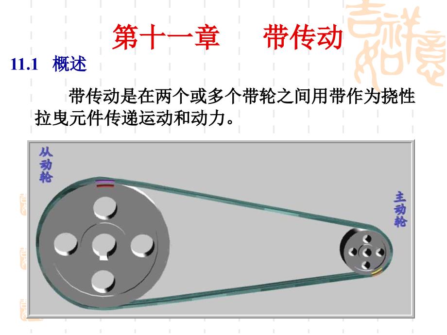 带传动是在两个或多个带轮之间用带作为挠性拉曳元件传递运动和动力_第1页