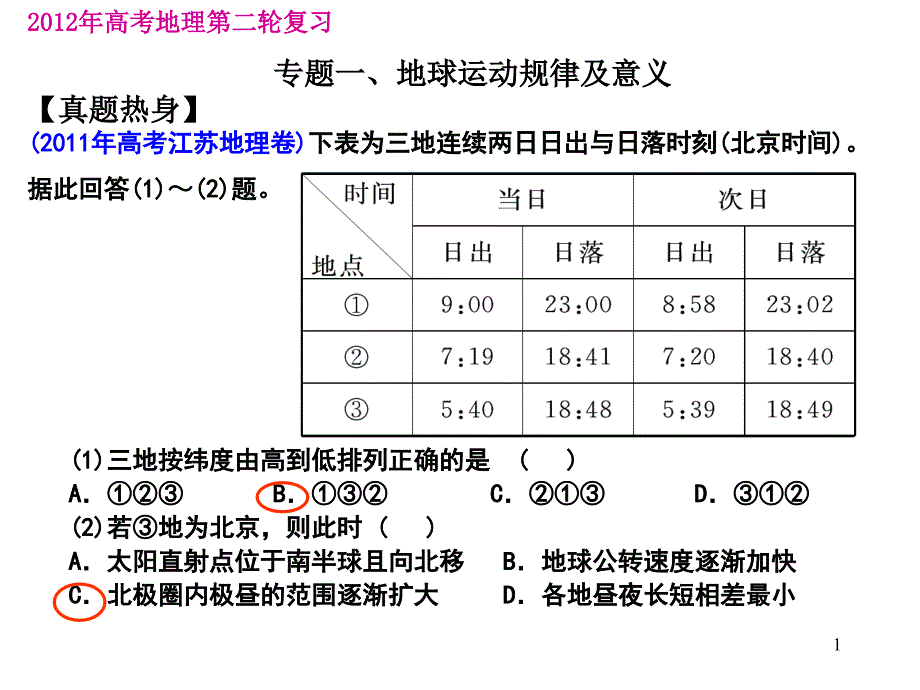 专题一地球运动规律及意义_第1页