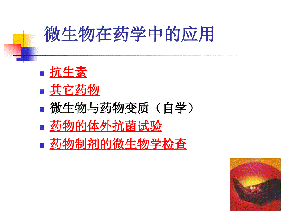 微生物在药学中的应用抗生素其它药物微生物与药物变质_第1页