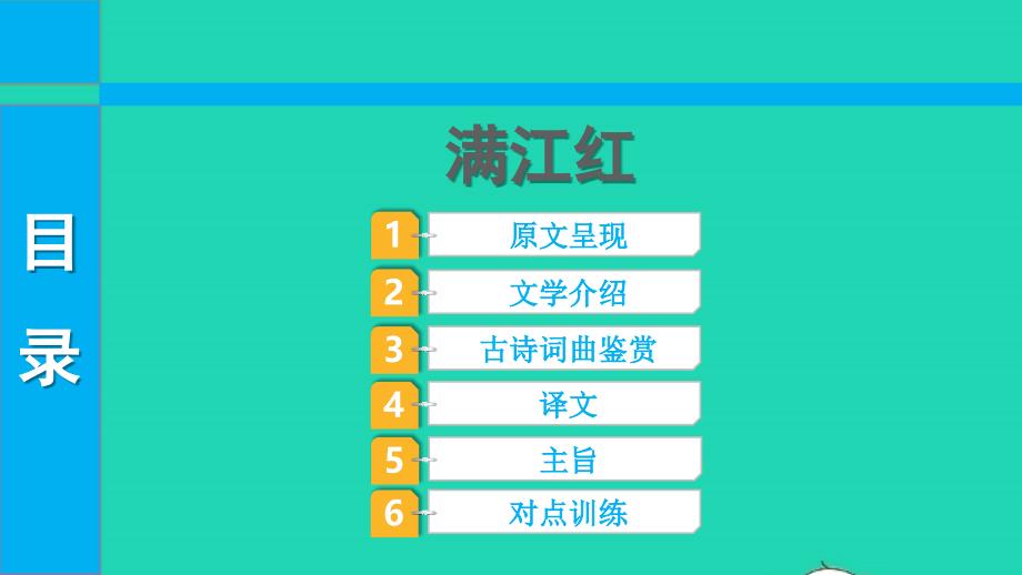 2022中考语文第一部分古诗文阅读课题一古诗词曲阅读淸单二40首古诗词曲逐首梳理九下4满江红课件_第1页