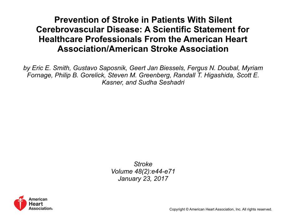 医学英文课件】 prevention of stroke in patients with silent cerebrovascular disease a scientific statement for healthcare professionals from the american heart associationamerican stroke association_第1页