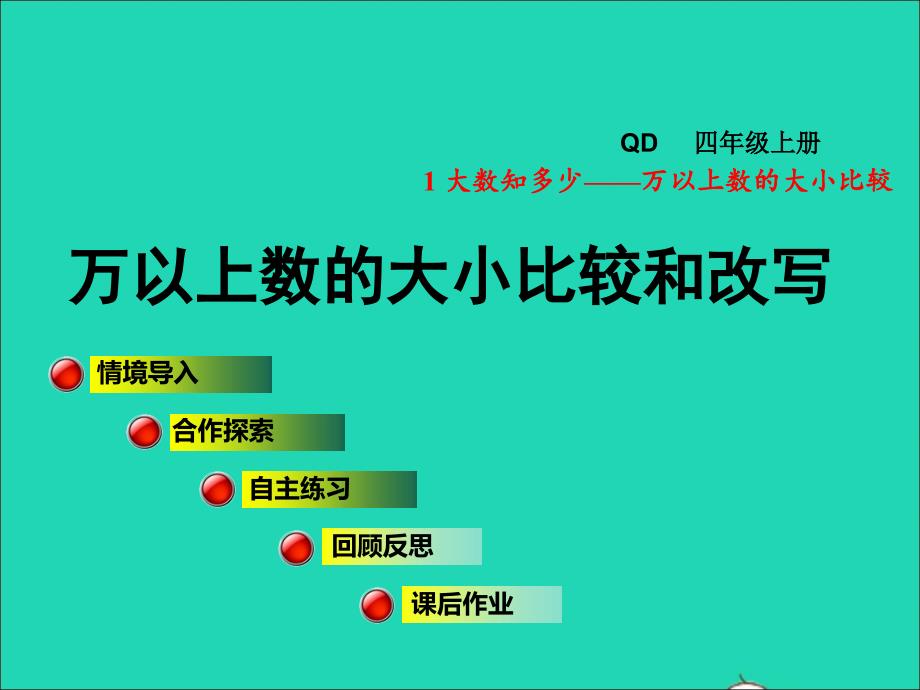 2021年四年级数学上册第1单元大数知多少__万以上数的认识第5_6课时万以上数的大小比较和改写授课课件青岛版六三制_第1页