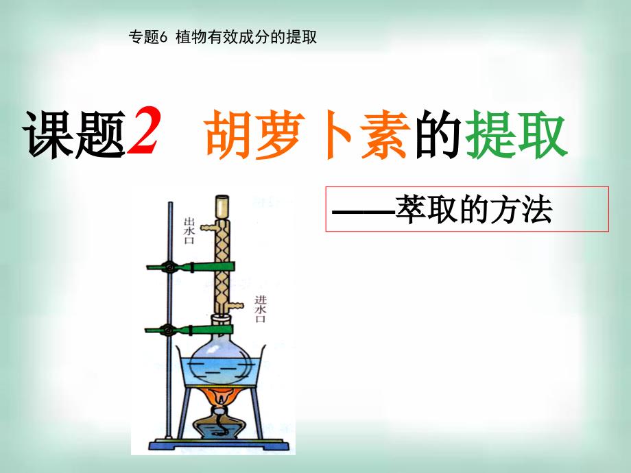 2013年高中生物精品教学课件胡萝卜素的提取6人教版选修1_第1页