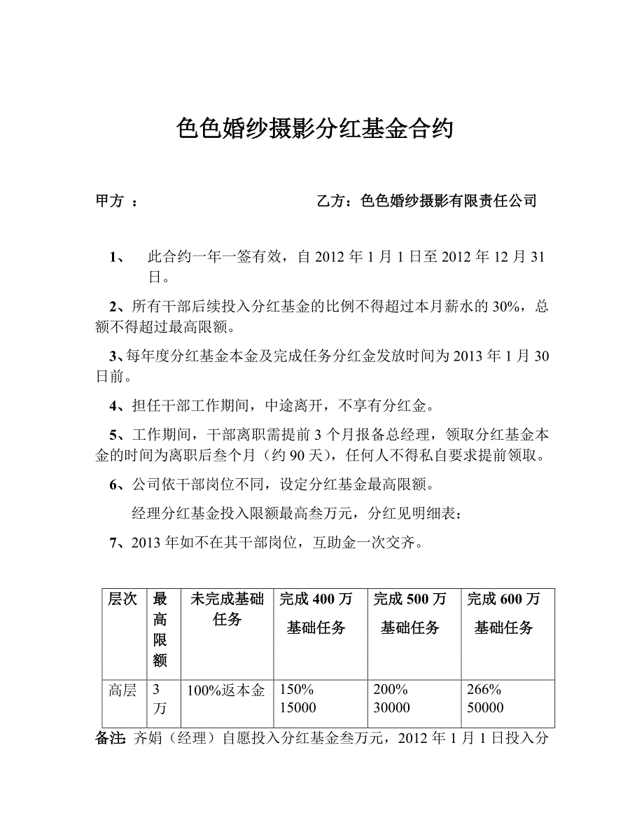 XX婚紗經(jīng)理分紅基金合約_第1頁