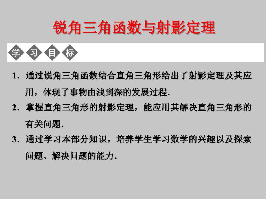 人教版B版高中数学选修4-1(B版)锐角三角函数与射影定理ppt课件_第1页