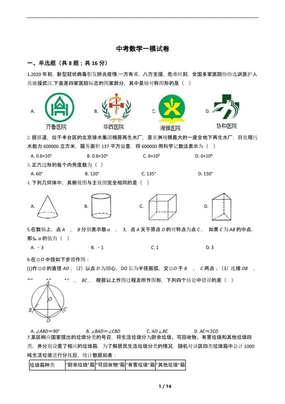 北京市丰台区2021年中考数学一模试卷解析版课件_第1页