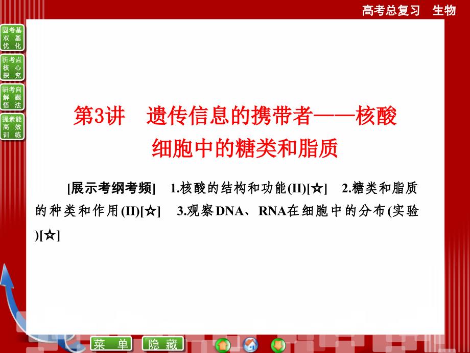 必修一第2章第3讲遗传信息的携带者——核酸细胞中的糖类和脂质ppt课件_第1页