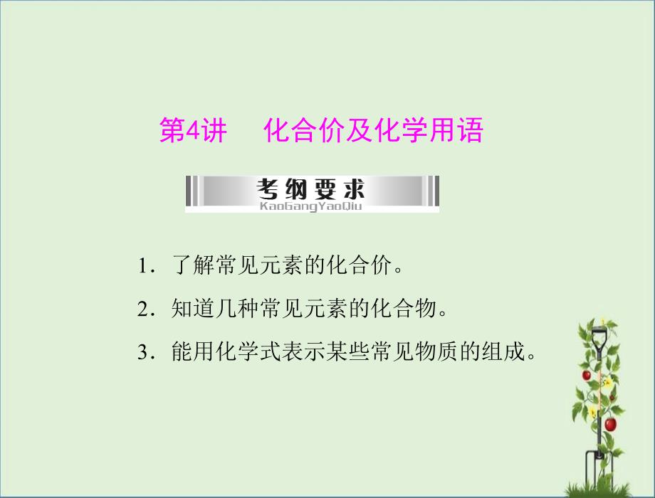 2013年广东省中考化学复习课件：-第4讲-化合价及化学用语_第1页