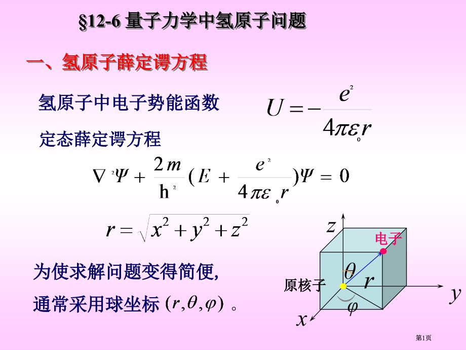 氢原子的薛定谔方程市公开课金奖市赛课一等奖课件_第1页