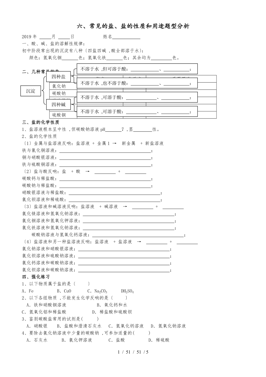 廣東 虎門外語學(xué)校2018年 九年級 第二學(xué)期 酸堿鹽強化訓(xùn)練之六、鹽的性質(zhì)、用途_第1頁