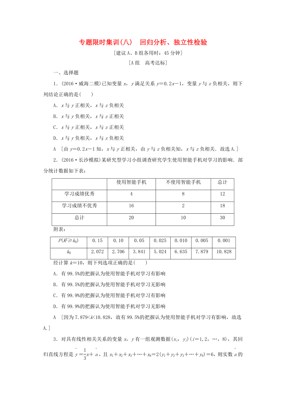 高考數學二輪專題復習與策略 第1部分 專題3 概率與統(tǒng)計 突破點8 回歸分析、獨立性檢驗專題限時集訓 理-人教版高三數學試題_第1頁