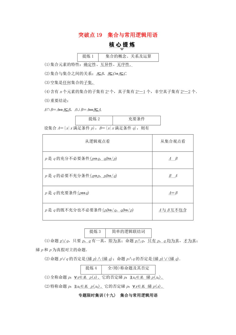 高考數(shù)學(xué)二輪專題復(fù)習(xí)與策略 第2部分 必考補(bǔ)充專題 突破點(diǎn)19 集合與常用邏輯用語教師用書 理-人教版高三數(shù)學(xué)試題_第1頁