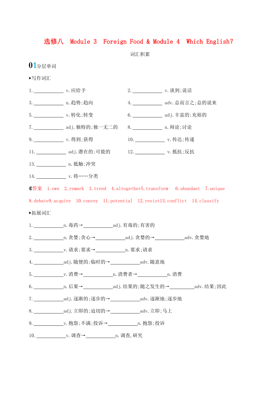 高考英語一輪復(fù)習(xí) Module 3 Foreign Food Module 4 Which English詞匯積累 外研版選修8-外研版高三選修8英語試題_第1頁