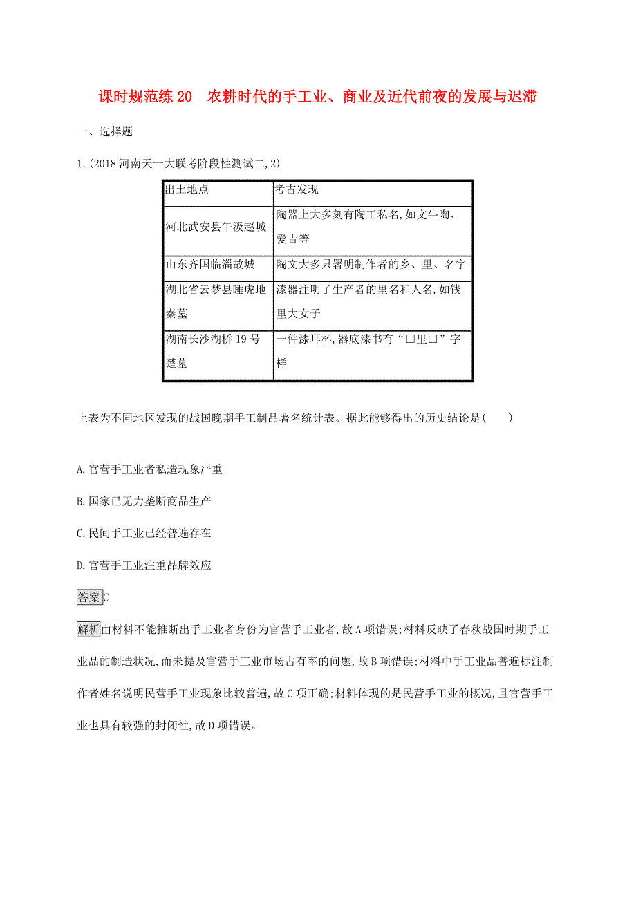 高考?xì)v史大一輪復(fù)習(xí) 第6單元 中國(guó)古代的農(nóng)耕經(jīng)濟(jì) 課時(shí)規(guī)范練20 農(nóng)耕時(shí)代的手工業(yè)、商業(yè)及近代前夜的發(fā)展與遲滯 岳麓版-岳麓版高三歷史試題_第1頁(yè)