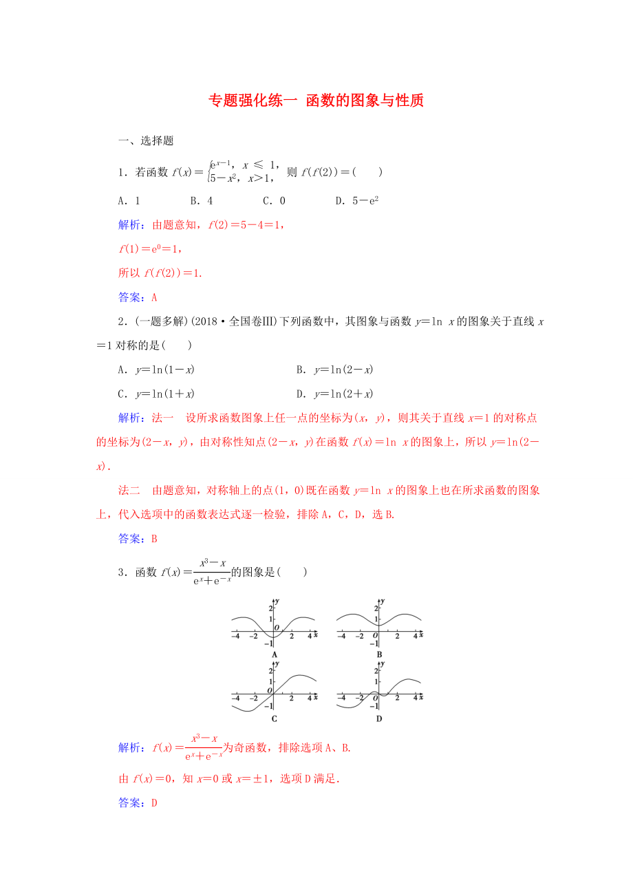 高考數(shù)學二輪復習 第二部分 專題一 函數(shù)與導數(shù) 專題強化練一 函數(shù)的圖象與性質(zhì) 文-人教版高三數(shù)學試題_第1頁