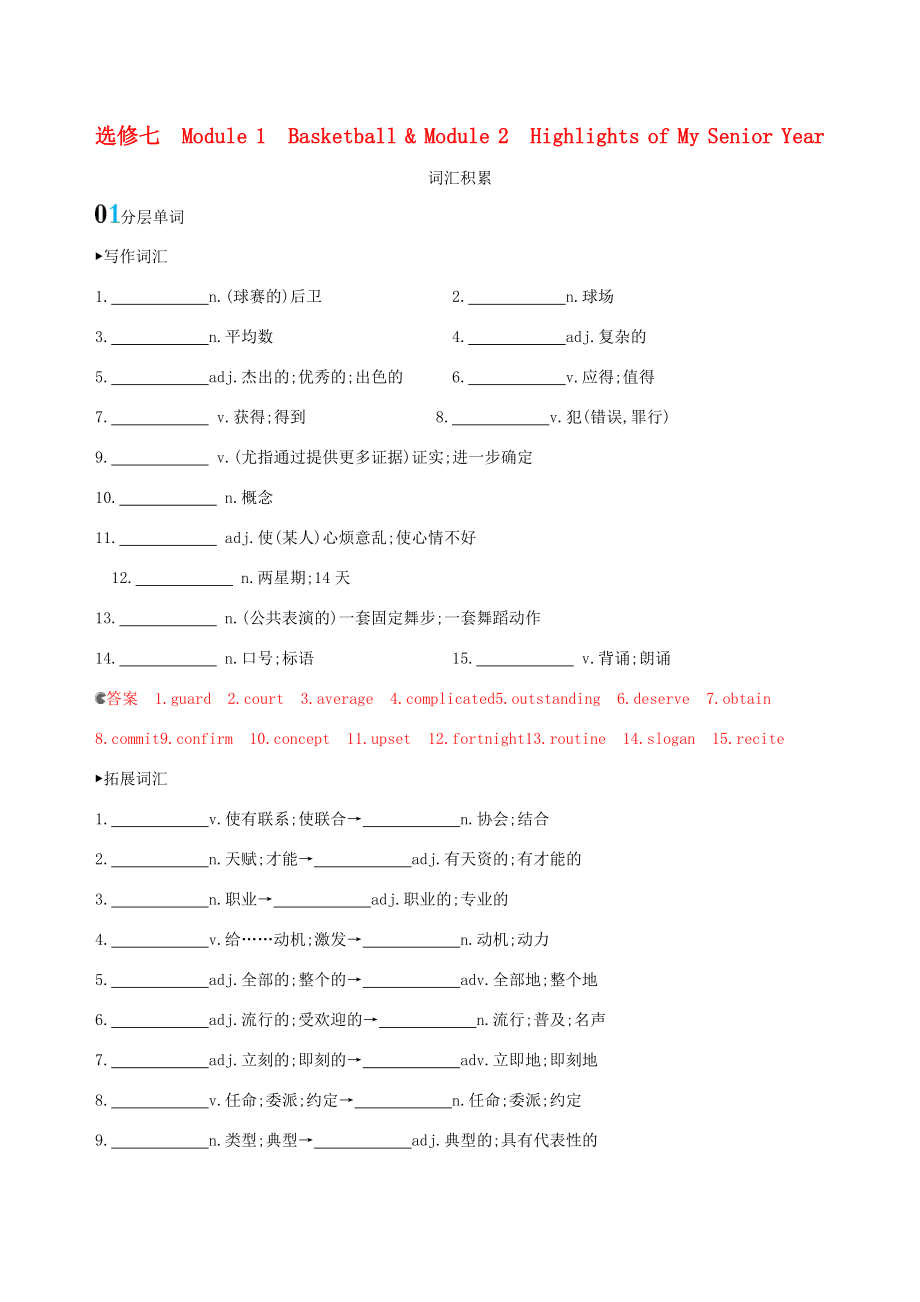 高考英語一輪復(fù)習(xí) Module 1 Basketball Module 2 Highlights of My Senior Year詞匯積累 外研版選修7-外研版高三選修7英語試題_第1頁