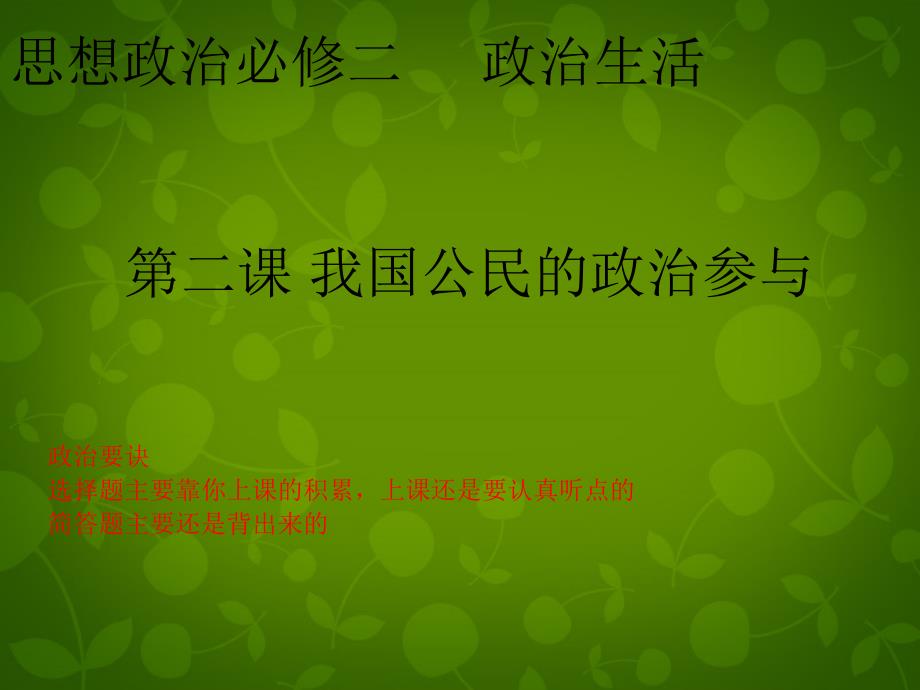广东省揭阳一中高考政治复习 政治生活 第一单元 第2课 我国公民的政治参与课件4 新人教版必修_第1页