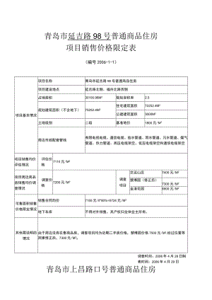 青岛市延吉路98号普通商品住房项目销售价格限定表