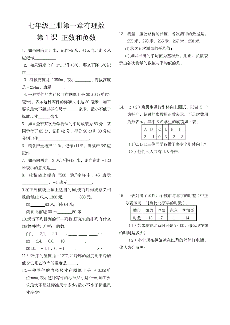 新人教版七年级上册第一章有理数全部 课堂同步练习_中学教育-初中教育_第1页