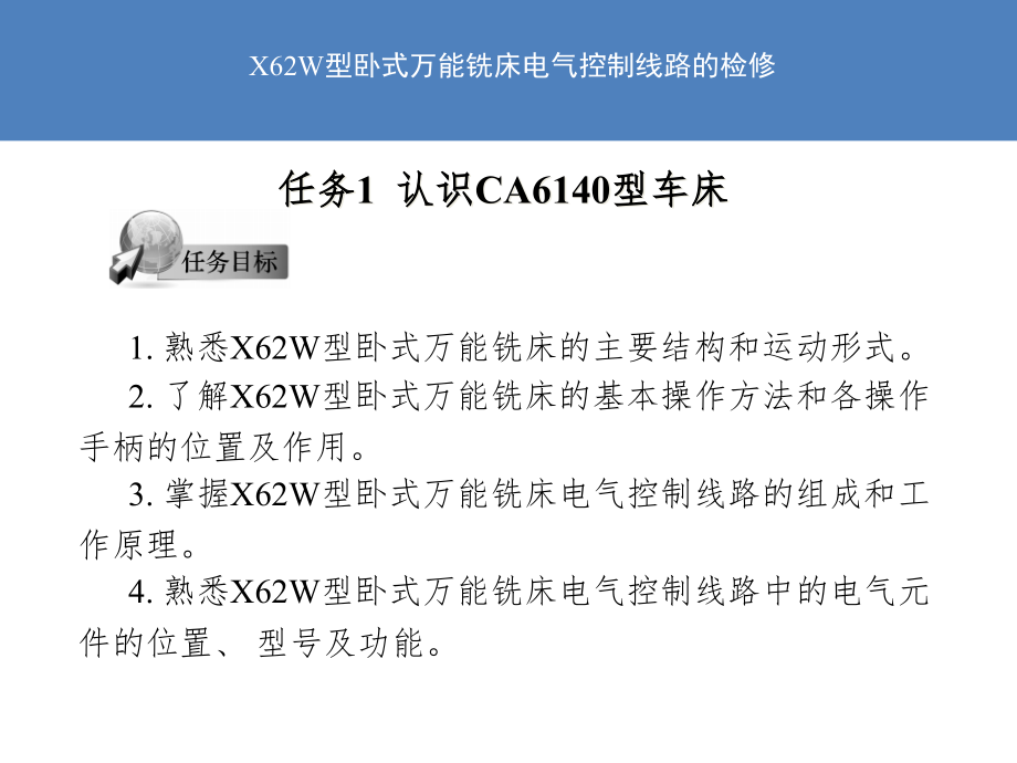 X62W型卧式万能铣床电气控制线路的检修课件_第1页