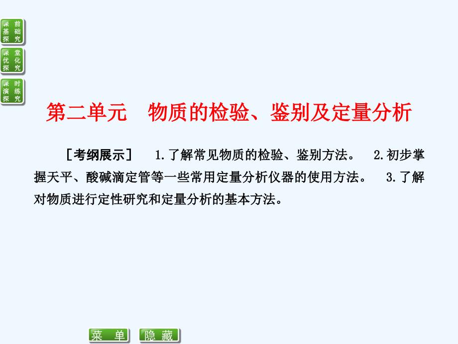 高考化学(苏教版)一轮复习配套ppt课件：选修6-2物质的检验、鉴别及定量分析_第1页