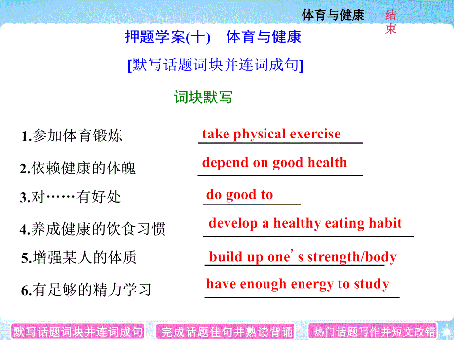 高考英语二轮辅导：专题四--热门话题下的书面表达-押题学案(十)-体育与健康课件_第1页