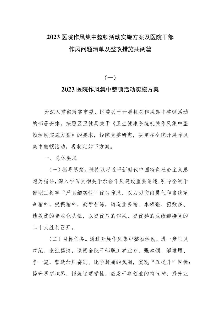 2023医院作风集中整顿活动实施方案及医院干部作风问题清单及整改措施共两篇_第1页