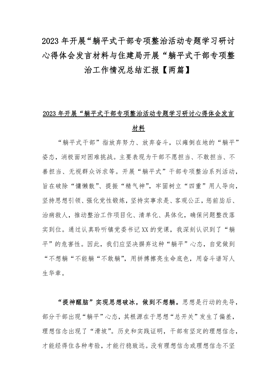 2023年开展“躺平式干部专项整治活动专题学习研讨心得体会发言材料与住建局开展“躺平式干部专项整治工作情况总结汇报【两篇】_第1页