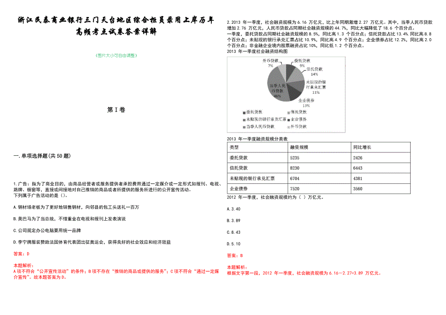 浙江民泰商业银行三门天台地区综合柜员录用上岸历年高频考点试卷答案详解_第1页