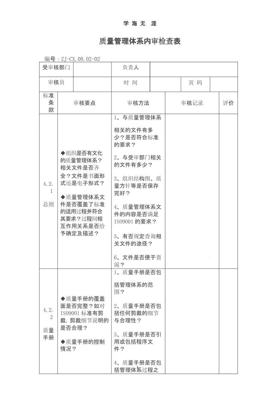 ISO质量管理体系内审检查表课件_第1页