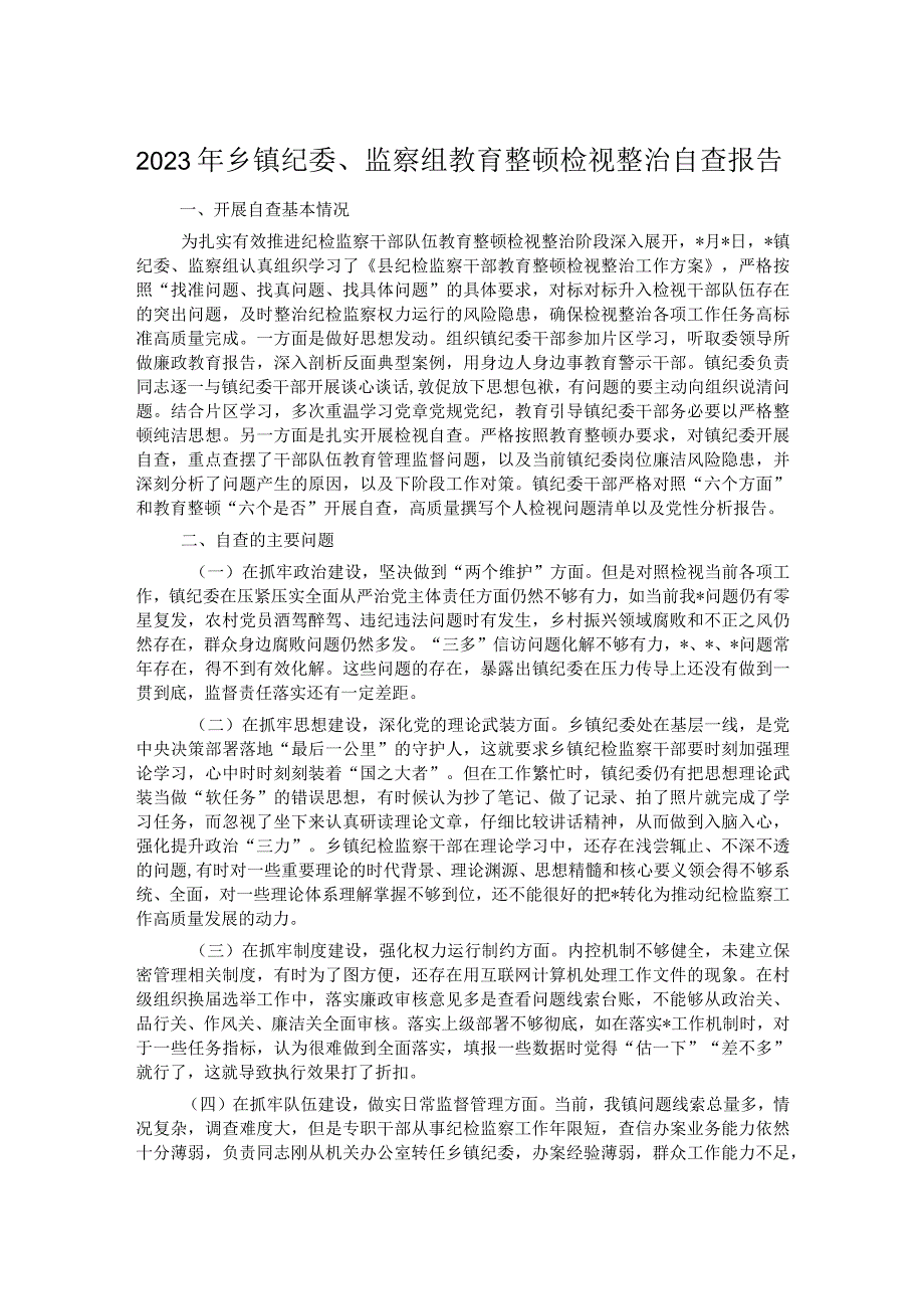 2023年乡镇纪委、监察组教育整顿检视整治自查报告_第1页