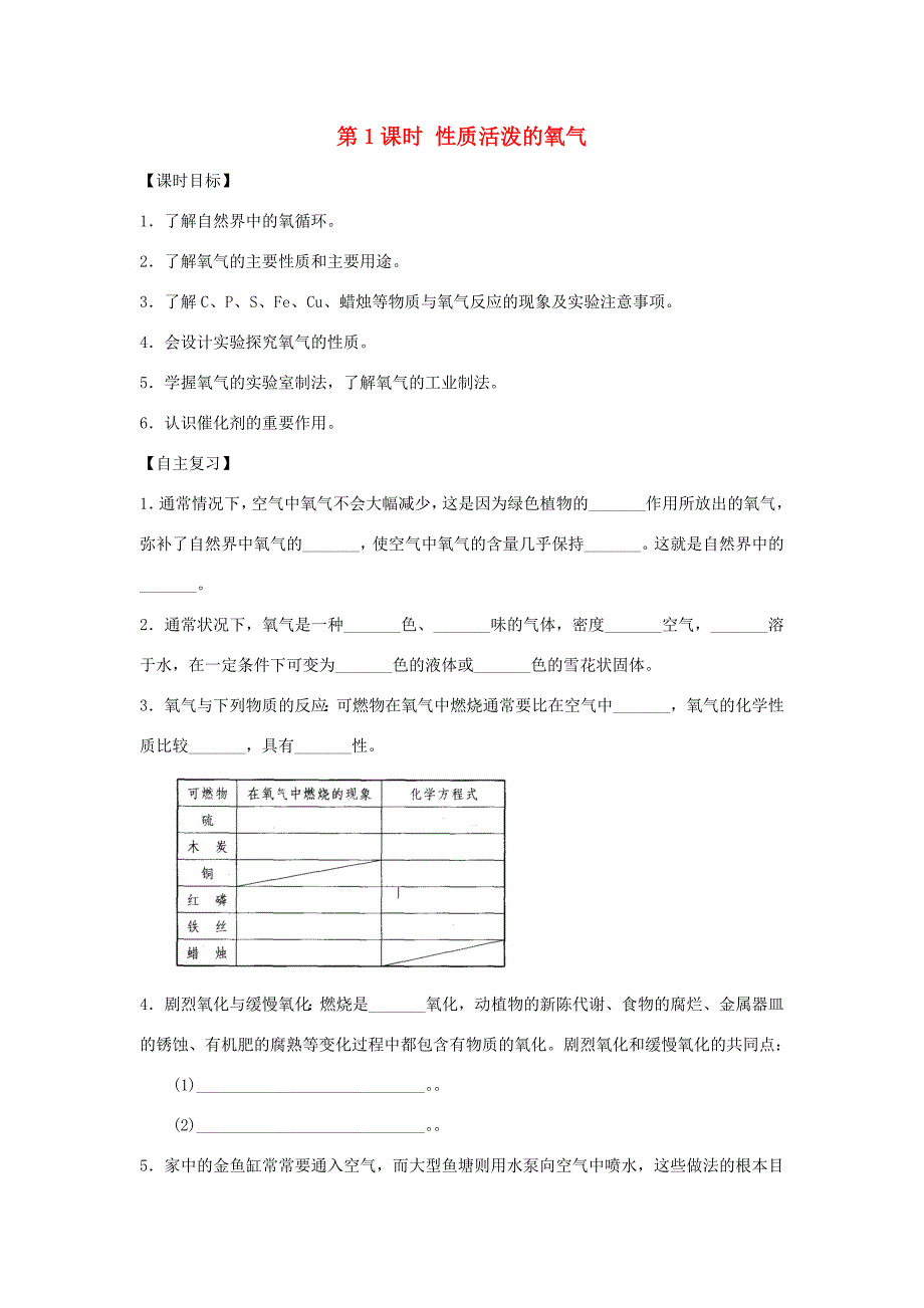 九年級(jí)化學(xué)全冊(cè)《第二章 身邊的化學(xué)物質(zhì)》第1課時(shí) 性質(zhì)活潑的氧氣導(dǎo)學(xué)案 （新版）滬教版-（新版）滬教版初中九年級(jí)全冊(cè)化學(xué)學(xué)案_第1頁