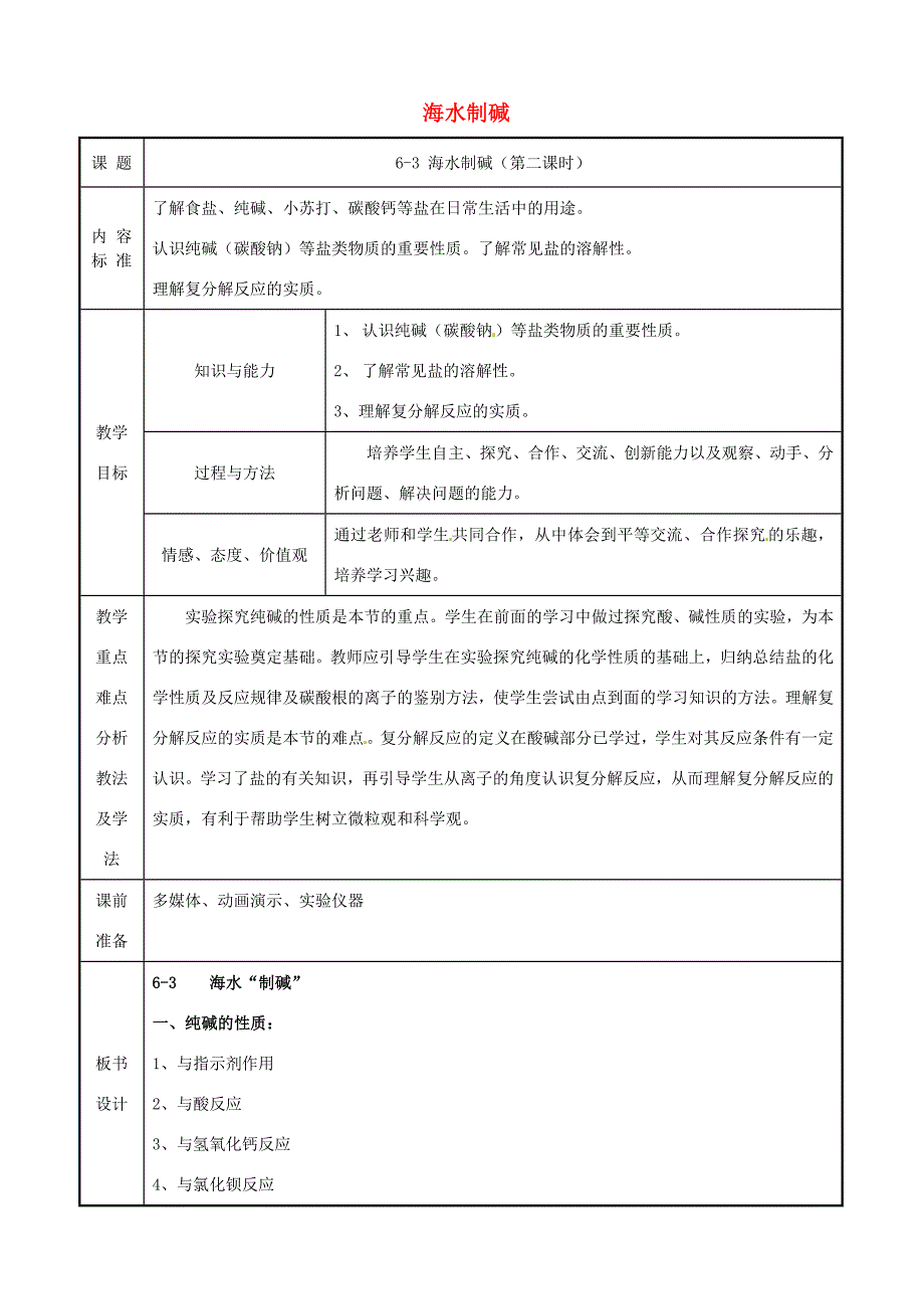 九年级化学全册 第六单元 6.3 海水“制碱”（第2课时）教案 鲁教版-鲁教版初中九年级全册化学教案_第1页