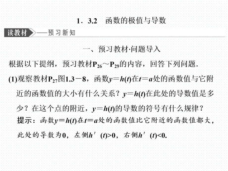 2020年高中数学人教A版选修2-2巩固提升ppt课件：1.3.2-函数的极值与导数_第1页