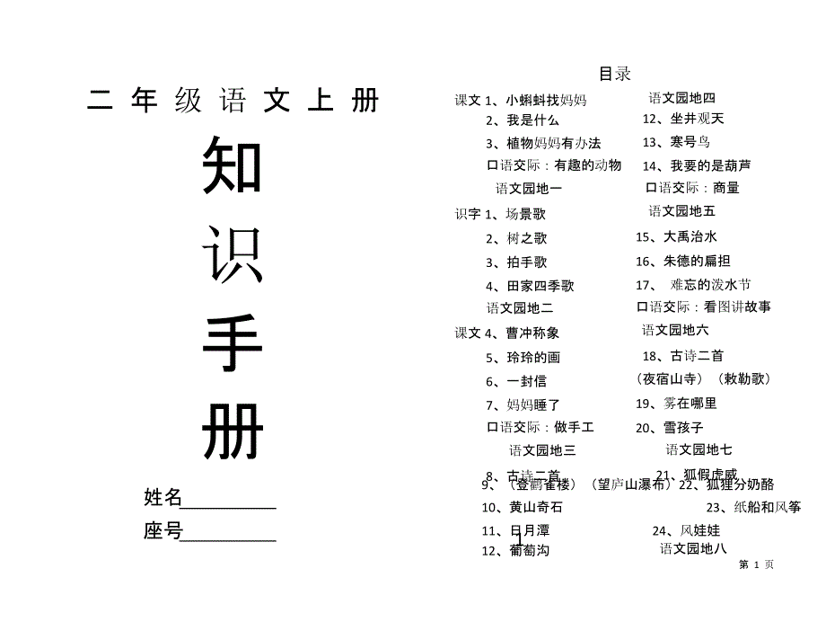 部编版二年级语文上册词语手册(词语解释+归类)课件_第1页