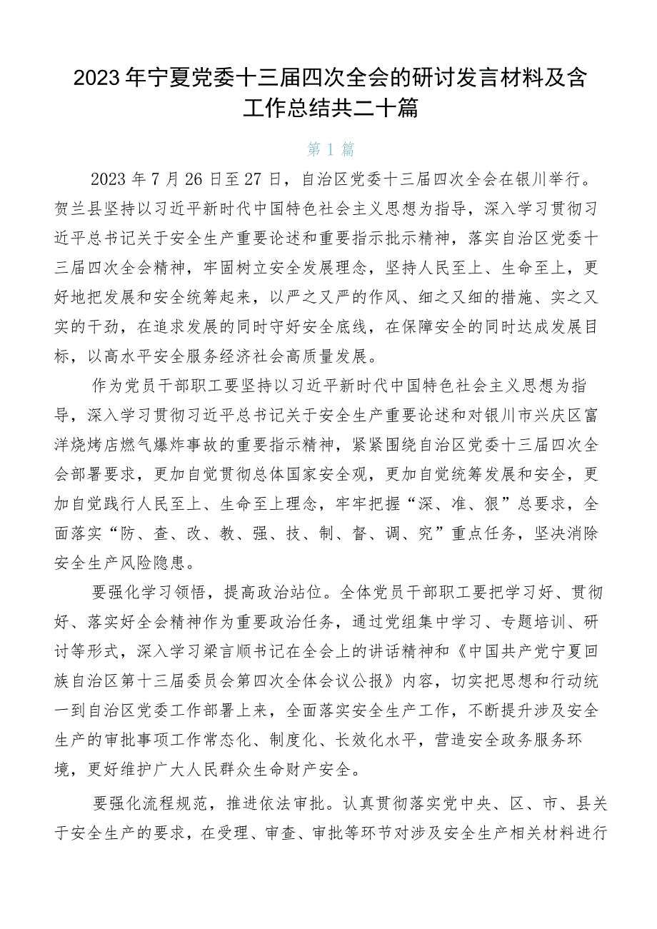 2023年宁夏党委十三届四次全会的研讨发言材料及含工作总结共二十篇_第1页