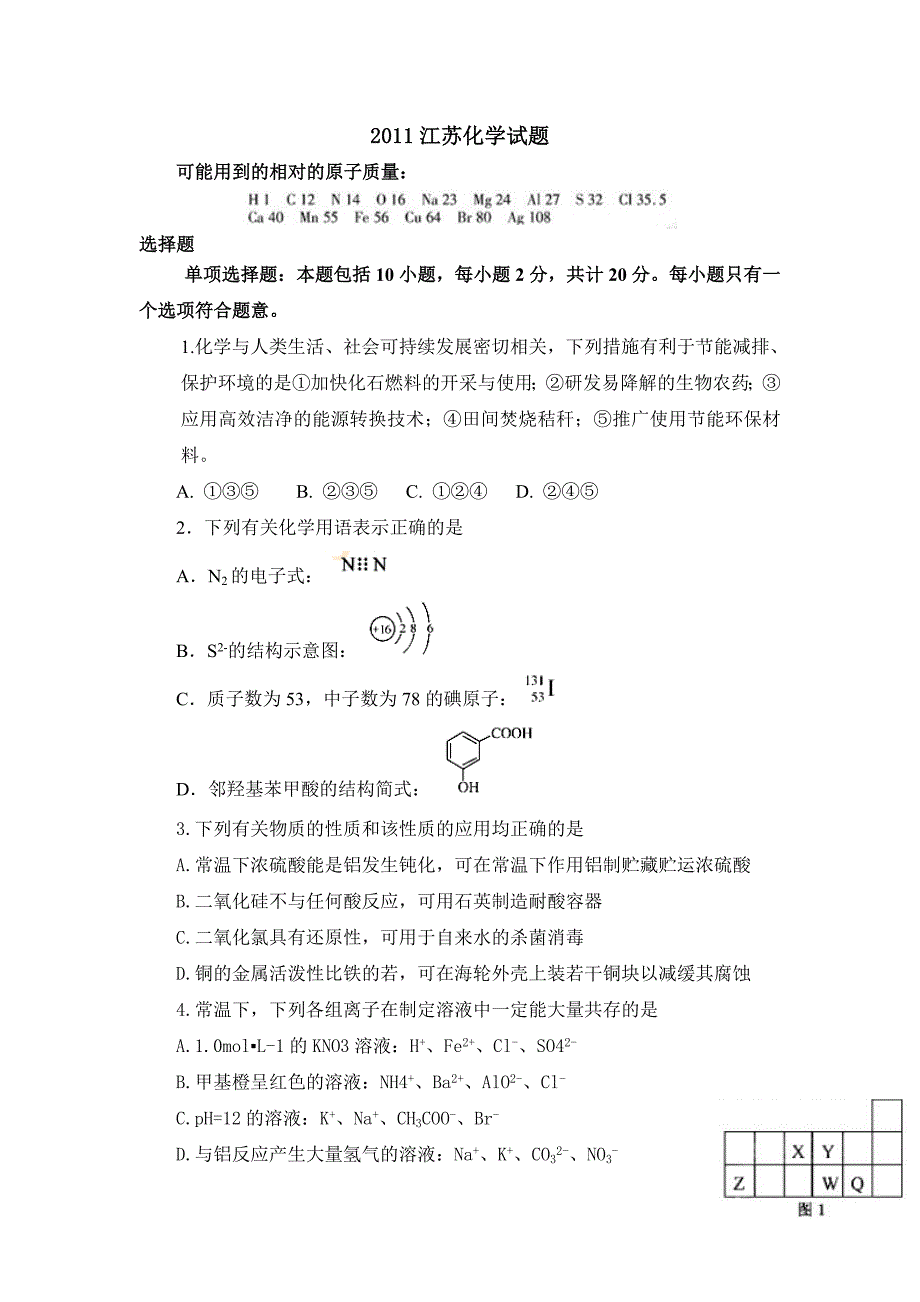 2011江苏高考化学试题及答案_第1页